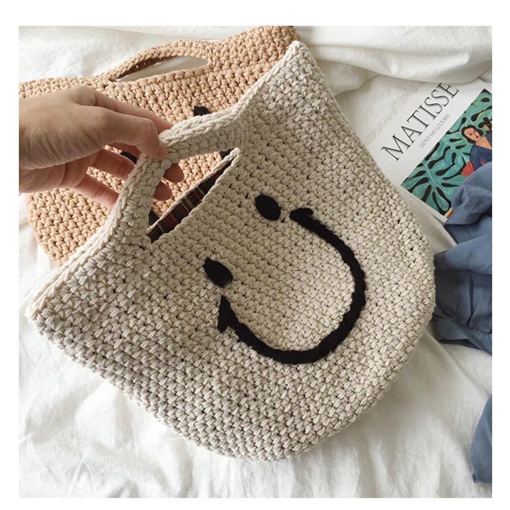 New Smiley Face Crochet Tote Bag - Cream